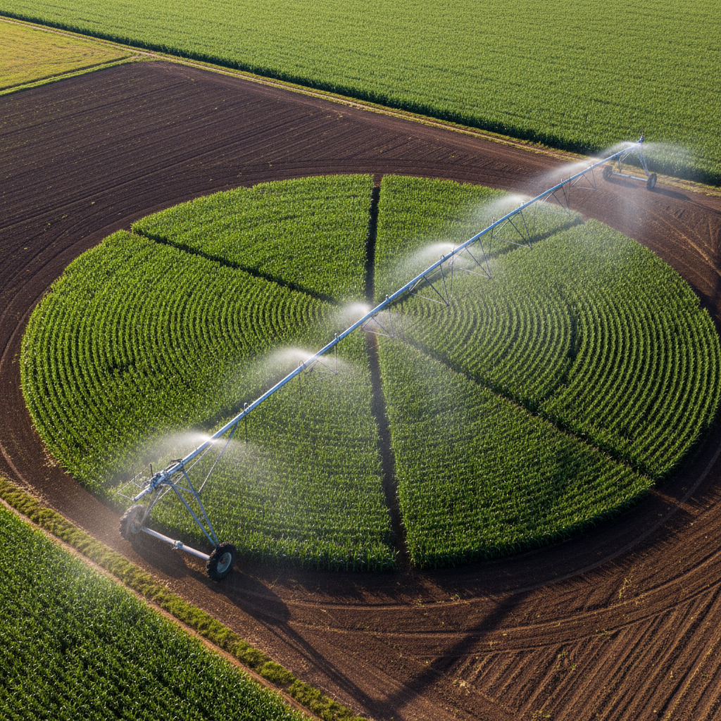 A close-up aerial photographic view of a high-tech center-pivot irrigation system watering vibrant green corn fields in Brazil, the metal structure gleaming with recent maintenance. Water sprays in precise arcs, catching the warm midday sunlight and forming tiny sparkling droplets. The field is divided into clear geometric sectors, showcasing efficient land use and planning. Surrounding areas show contrasting patches of tilled soil and mature crops, suggesting diversified production. The atmosphere is dynamic and forward-looking, with crisp, high-contrast lighting that highlights textures of leaves and soil. Captured from a drone-level bird’s-eye view with strong, graphic lines, the composition conveys innovation, resource management, and smart agribusiness investment.