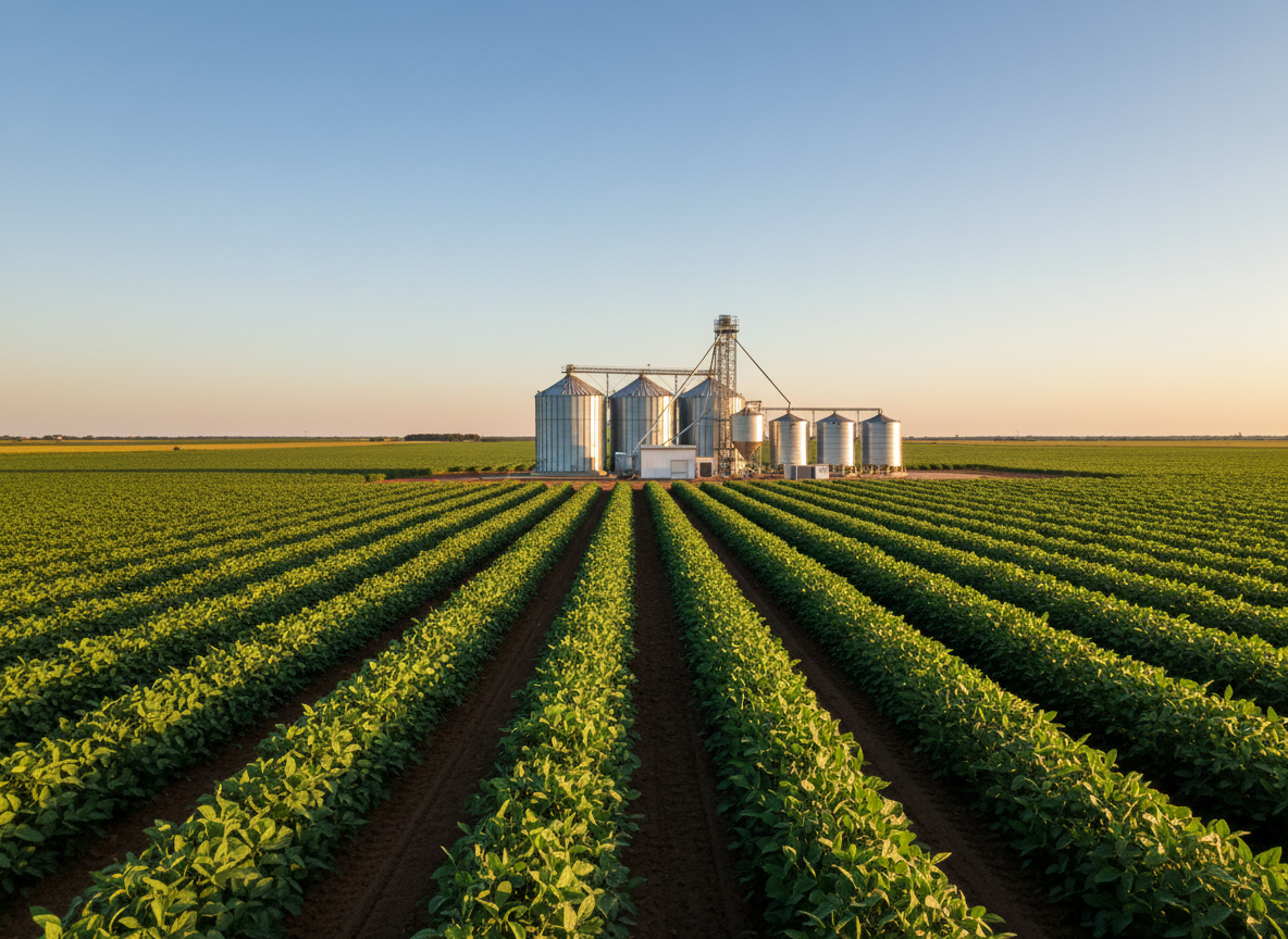 A vast Brazilian soybean farm stretching to the horizon, with perfectly aligned rows of lush green plants in rich, dark soil, captured in high photographic realism. In the midground, a modern grain silo complex and stainless steel storage structures stand clean and orderly, symbolizing investment and infrastructure. Soft late-afternoon sunlight casts long, gentle shadows across the fields, giving depth and definition to the crops. The sky is clear with a faint golden gradient, creating a calm, optimistic atmosphere. Shot from a slightly elevated, wide-angle perspective to suggest scale and opportunity, with sharp focus throughout. The composition is balanced and professional, ideal for a corporate agribusiness homepage emphasizing productivity and results.